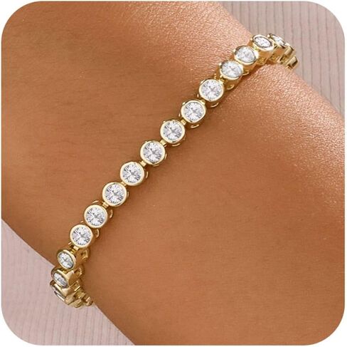 14k Gold Plated 3mm Cubic Zirconia Bezel Tennis Bracelet for Women Dainty Gold Bracelets Emerald Green CZ Tennis Bracelet for Women Wedding Bridal Jewelry Size 6.75+1 Inch in Saudi Arabia
