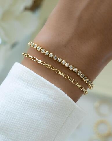 14k Gold Plated 3mm Cubic Zirconia Bezel Tennis Bracelet for Women Dainty Gold Bracelets Emerald Green CZ Tennis Bracelet for Women Wedding Bridal Jewelry Size 6.75+1 Inch in Saudi Arabia