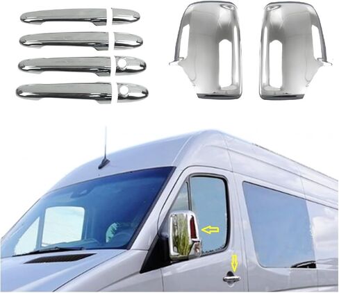 MELEXI Chrome Mirror Cover 2 PCS + Door Handle Cover 4 Door S.Steel Compatible with Sprinter 2500 2010 to 2018 in Saudi Arabia