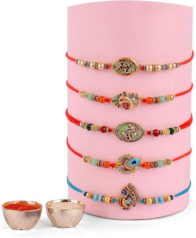 Satvik 5 PC Rakhi for Brother Bhaiya Bhabhi التقليدية المصمم يدويًا متنوعًا Rakhi Set Puja Plate ، Roli Chawal ، بطاقة تحية وملصقات Soun Rakhi Thread Rakhdi Bracelets Rakshabandhan in Saudi Arabia