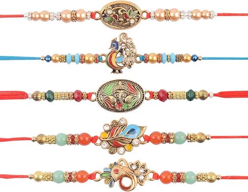 Satvik 5 PC Rakhi for Brother Bhaiya Bhabhi التقليدية المصمم يدويًا متنوعًا Rakhi Set Puja Plate ، Roli Chawal ، بطاقة تحية وملصقات Soun Rakhi Thread Rakhdi Bracelets Rakshabandhan in Saudi Arabia