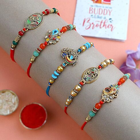 Satvik 5 PC Rakhi for Brother Bhaiya Bhabhi التقليدية المصمم يدويًا متنوعًا Rakhi Set Puja Plate ، Roli Chawal ، بطاقة تحية وملصقات Soun Rakhi Thread Rakhdi Bracelets Rakshabandhan in Saudi Arabia