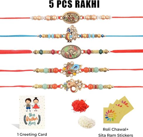 Satvik 5 PC Rakhi for Brother Bhaiya Bhabhi التقليدية المصمم يدويًا متنوعًا Rakhi Set Puja Plate ، Roli Chawal ، بطاقة تحية وملصقات Soun Rakhi Thread Rakhdi Bracelets Rakshabandhan in Saudi Arabia
