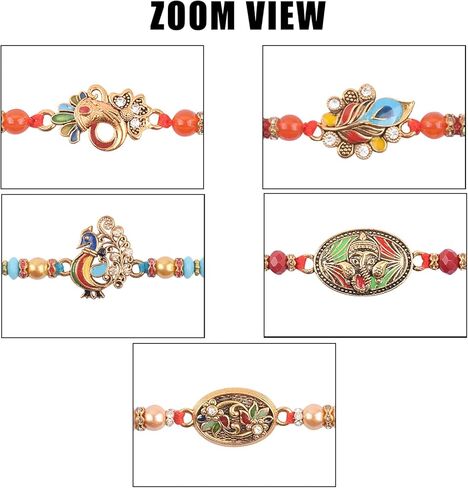 Satvik 5 PC Rakhi for Brother Bhaiya Bhabhi التقليدية المصمم يدويًا متنوعًا Rakhi Set Puja Plate ، Roli Chawal ، بطاقة تحية وملصقات Soun Rakhi Thread Rakhdi Bracelets Rakshabandhan in Saudi Arabia