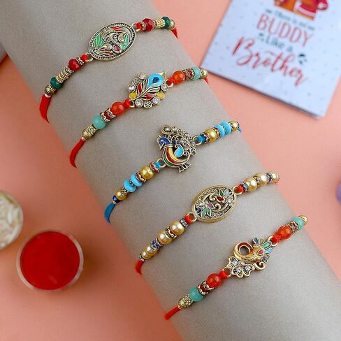 Satvik 5 PC Rakhi for Brother Bhaiya Bhabhi التقليدية المصمم يدويًا متنوعًا Rakhi Set Puja Plate ، Roli Chawal ، بطاقة تحية وملصقات Soun Rakhi Thread Rakhdi Bracelets Rakshabandhan in Saudi Arabia