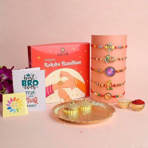 Satvik 5 PC Rakhi for Brother Bhaiya Bhabhi التقليدية المصمم يدويًا متنوعًا Rakhi Set Puja Plate ، Roli Chawal ، بطاقة تحية وملصقات Soun Rakhi Thread Rakhdi Bracelets Rakshabandhan in Saudi Arabia