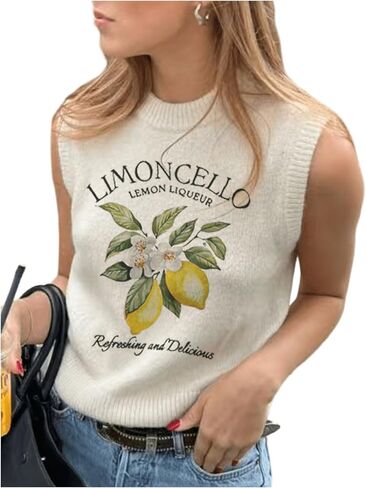 Verdusa Women's Lemon Graphic Sleeveless Sweater Tank Top Knitted Loose Crop Halter Tops in Saudi Arabia