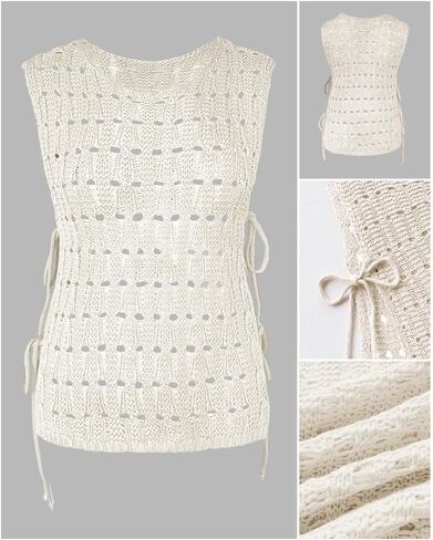 CHICME Womens Sweater Vests Knit Sleeveless Side Tie Crochet Top Summer Crewneck Hollow Out Beach Tank Cover Ups in Kuwait