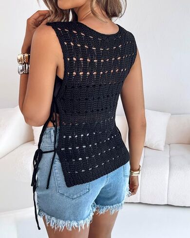 CHICME Womens Sweater Vests Knit Sleeveless Side Tie Crochet Top Summer Crewneck Hollow Out Beach Tank Cover Ups in Kuwait