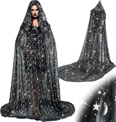 Geyoga Black Celestial Witch Costume Halloween Wedding Tulle Cape Hooded Elf Cloak Gothic Costume for Cosplay in Kuwait