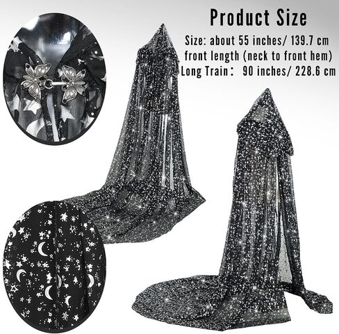 Geyoga Black Celestial Witch Costume Halloween Wedding Tulle Cape Hooded Elf Cloak Gothic Costume for Cosplay in Kuwait
