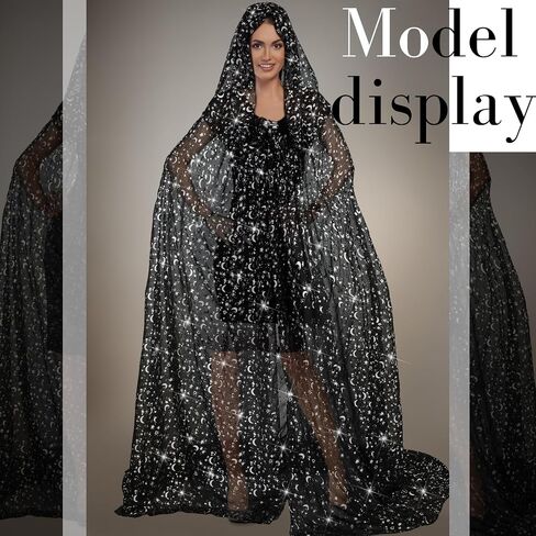 Geyoga Black Celestial Witch Costume Halloween Wedding Tulle Cape Hooded Elf Cloak Gothic Costume for Cosplay in Kuwait