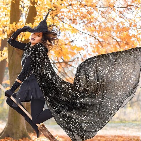 Geyoga Black Celestial Witch Costume Halloween Wedding Tulle Cape Hooded Elf Cloak Gothic Costume for Cosplay in Kuwait