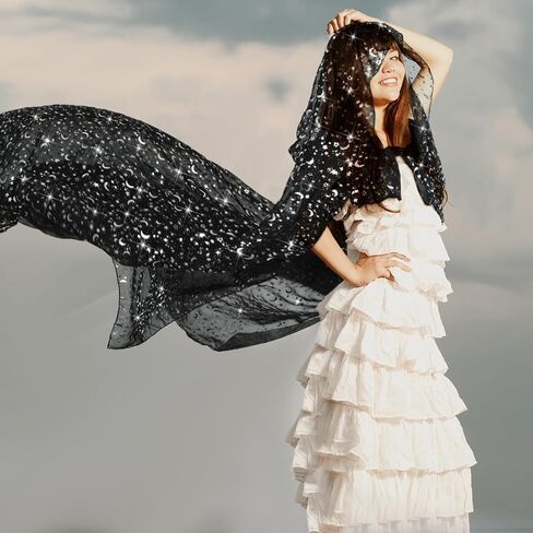 Geyoga Black Celestial Witch Costume Halloween Wedding Tulle Cape Hooded Elf Cloak Gothic Costume for Cosplay in Kuwait