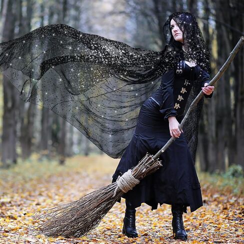 Geyoga Black Celestial Witch Costume Halloween Wedding Tulle Cape Hooded Elf Cloak Gothic Costume for Cosplay in Kuwait