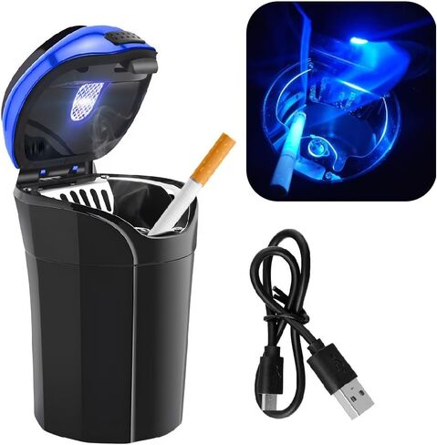 Car Ashtray with Lid, Rechargeable Stainless Auto Ashtray with LED Light Indicator, Portable Smell-Proof Ashtray Cup with Lid & Detachable Cigarette Lighter, Car Accessories (Silver) in Kuwait