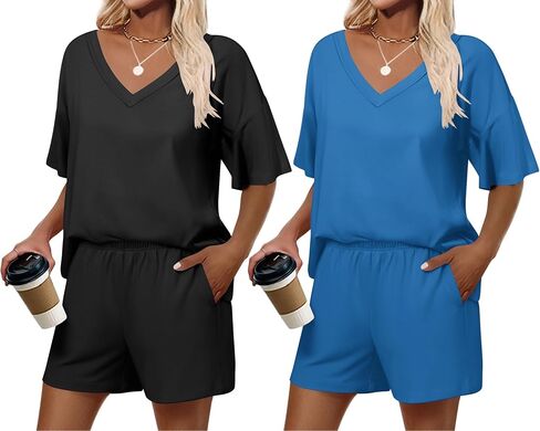 Ekouaer 2 Pack Womens Pajamas Set Summer Printed Pjs Short Sleeve Sleepwear V Neck Pj Shorts Set Loungewear S-XXL in Saudi Arabia