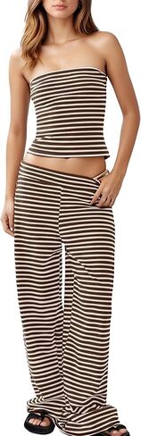 Women's Striped Two Piece Sets Cropped Tube Top and Wide Leg Pants Lounge Matching set with Pockets in Saudi Arabia