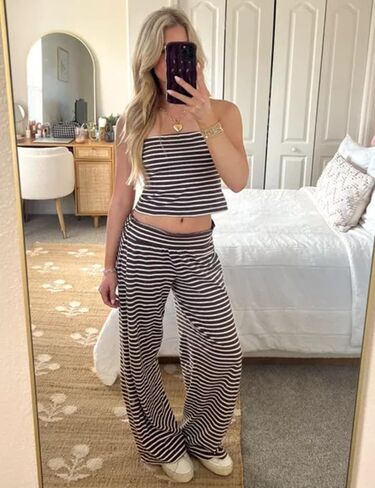 Women's Striped Two Piece Sets Cropped Tube Top and Wide Leg Pants Lounge Matching set with Pockets in Saudi Arabia