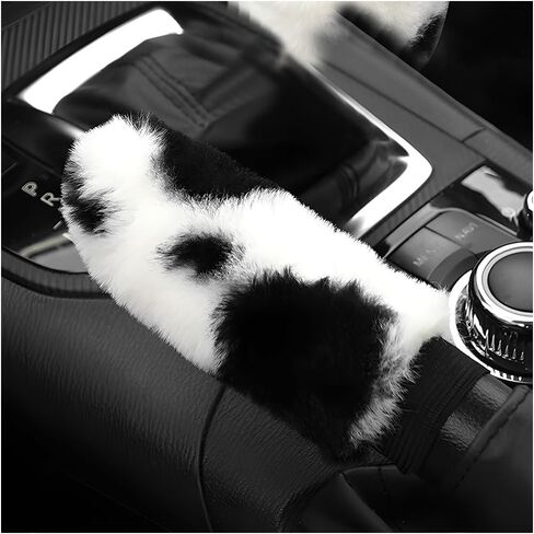 4PCS Cow Print Car Accessories Set, Fluffy Cute Cow Print Steering Wheel Handbrake Gearshift Cover Armrest Pad, Warm Furry Cows Anti-Slip Protector Vehicle Interior Decoration in Kuwait