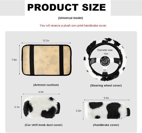 4PCS Cow Print Car Accessories Set, Fluffy Cute Cow Print Steering Wheel Handbrake Gearshift Cover Armrest Pad, Warm Furry Cows Anti-Slip Protector Vehicle Interior Decoration in Kuwait