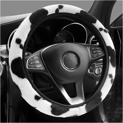 4PCS Cow Print Car Accessories Set, Fluffy Cute Cow Print Steering Wheel Handbrake Gearshift Cover Armrest Pad, Warm Furry Cows Anti-Slip Protector Vehicle Interior Decoration in Kuwait