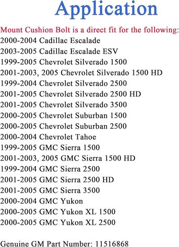 6pcs cab body mount cushion bolt for 1999-2005 Chevrolet Silverado 1500 2500 3500 Tahoe for 1999-2005 GMC Sierra 1500 2500 for 2000-2005 Cadillac Escalade in Kuwait
