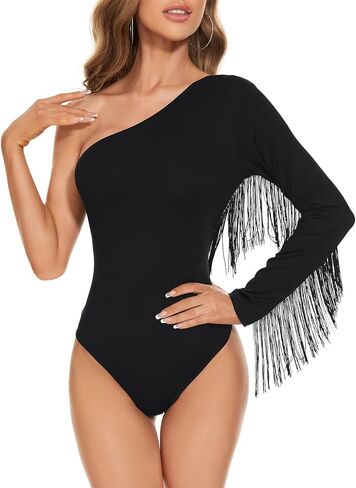 American Trends Women Fringe Tops One Shoulder Cowgirl Disco Outfits Bodysuit Concert outfits Tank Top for Women Body Suits in Saudi Arabia