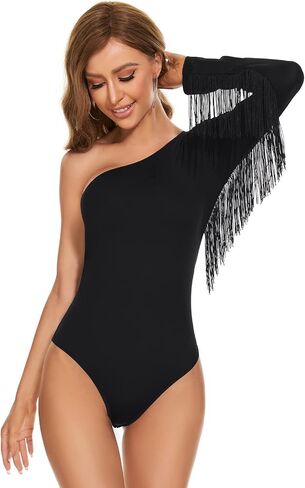 American Trends Women Fringe Tops One Shoulder Cowgirl Disco Outfits Bodysuit Concert outfits Tank Top for Women Body Suits in Saudi Arabia