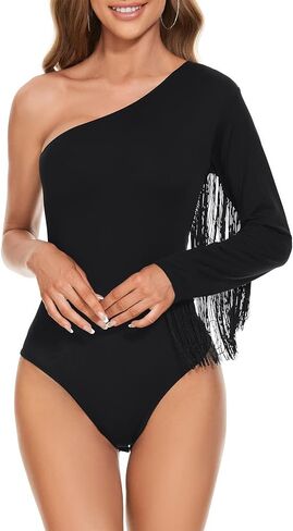 American Trends Women Fringe Tops One Shoulder Cowgirl Disco Outfits Bodysuit Concert outfits Tank Top for Women Body Suits in Saudi Arabia