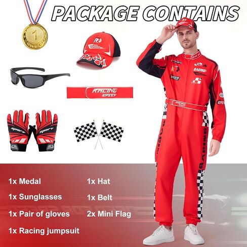 Race Car Driver Costume for Men Women Race Jumpsuit with Hat Sunglasses Gloves Halloween Adult Racer Suit Outfit in Kuwait