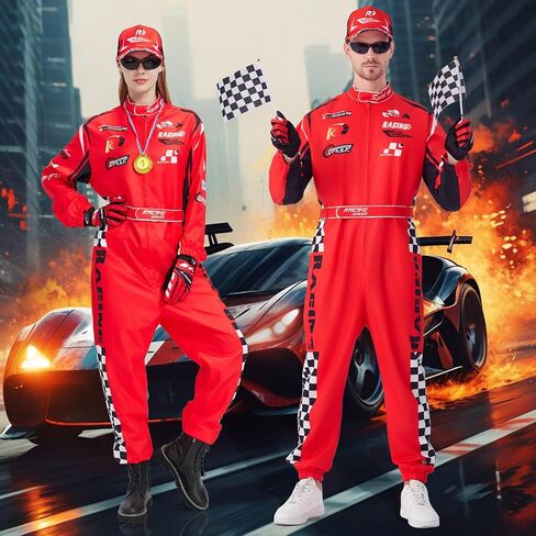 Race Car Driver Costume for Men Women Race Jumpsuit with Hat Sunglasses Gloves Halloween Adult Racer Suit Outfit in Kuwait