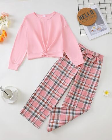 Xuanhao Kids Clothes Girls Fall Winter Girls Sets Twist Pullover Tops Plaid Pants For Girl Size 7-14 in Kuwait