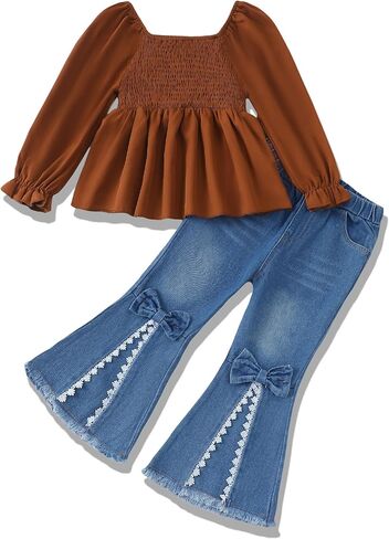 Xuanhao Toddler Girls Girls Clothes Fall Winter Puff Sleeve Smocked Sheert Top Flare Jeans For Girl Bell Bottom Clothing Set in Kuwait