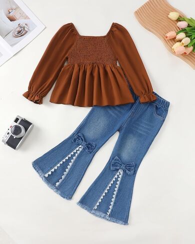 Xuanhao Toddler Girls Girls Clothes Fall Winter Puff Sleeve Smocked Sheert Top Flare Jeans For Girl Bell Bottom Clothing Set in Kuwait