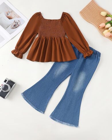 Xuanhao Toddler Girls Girls Clothes Fall Winter Puff Sleeve Smocked Sheert Top Flare Jeans For Girl Bell Bottom Clothing Set in Kuwait