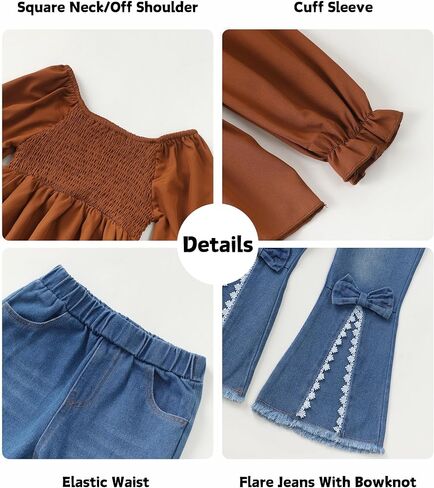 Xuanhao Toddler Girls Girls Clothes Fall Winter Puff Sleeve Smocked Sheert Top Flare Jeans For Girl Bell Bottom Clothing Set in Kuwait