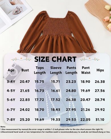 Xuanhao Toddler Girls Girls Clothes Fall Winter Puff Sleeve Smocked Sheert Top Flare Jeans For Girl Bell Bottom Clothing Set in Kuwait