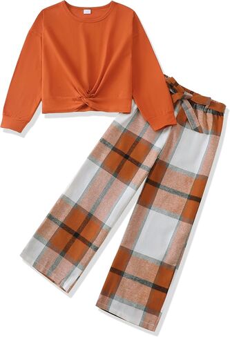 Xuanhao Kids Clothes Girls Fall Winter Girls Sets Twist Pullover Tops Plaid Pants For Girl Size 7-14 in Kuwait