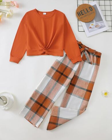 Xuanhao Kids Clothes Girls Fall Winter Girls Sets Twist Pullover Tops Plaid Pants For Girl Size 7-14 in Kuwait
