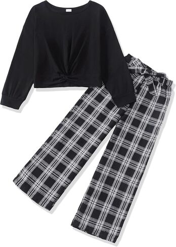 XUANHAO Kids Clothes Girls Fall Winter Girls Clothing Sets Twist Front Pullover Tops Plaid Pants Outfits for Girl Size 7-14 in Kuwait