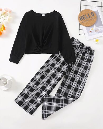 XUANHAO Kids Clothes Girls Fall Winter Girls Clothing Sets Twist Front Pullover Tops Plaid Pants Outfits for Girl Size 7-14 in Kuwait