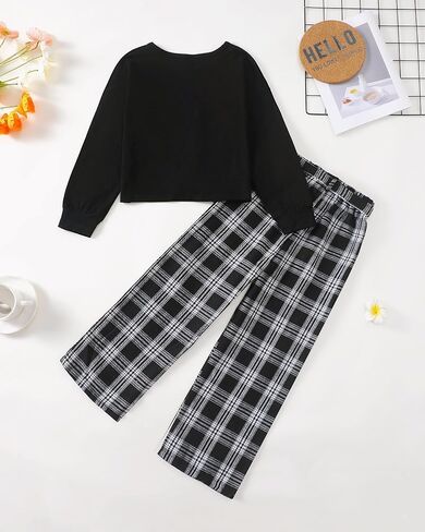 XUANHAO Kids Clothes Girls Fall Winter Girls Clothing Sets Twist Front Pullover Tops Plaid Pants Outfits for Girl Size 7-14 in Kuwait