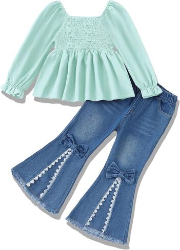 Xuanhao Toddler Girls Girls Clothes Fall Winter Puff Sleeve Smocked Sheert Top Flare Jeans For Girl Bell Bottom Clothing Set in Kuwait