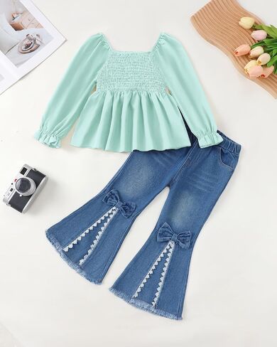 Xuanhao Toddler Girls Girls Clothes Fall Winter Puff Sleeve Smocked Sheert Top Flare Jeans For Girl Bell Bottom Clothing Set in Kuwait