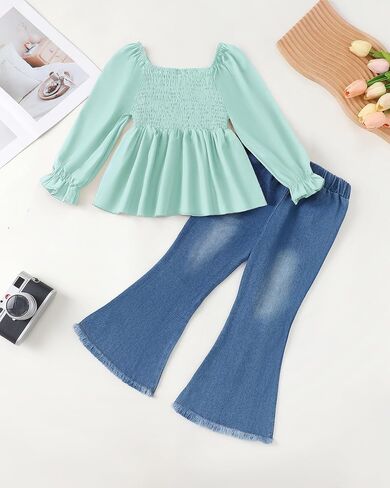 Xuanhao Toddler Girls Girls Clothes Fall Winter Puff Sleeve Smocked Sheert Top Flare Jeans For Girl Bell Bottom Clothing Set in Kuwait