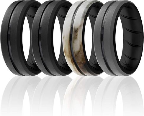 ROQ Silicone Rubber Wedding Ring for Men, Men's Wedding Band, Breathable Rubber Engagement Band, 2 Thin & Middle Lines, Beveled Edge & Engraved Duo, Multi Colors in Saudi Arabia