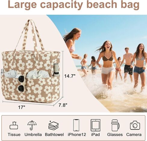 LEDAOU Beach Bag Waterproof Sandproof Women Tote Bag Pool Bag with Zipper for Gym Grocery Travel with Wet Pocket in Kuwait