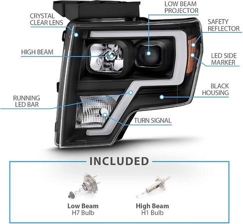 Amerilite for 2009-2014 Ford F150 Truck LED BAR Square Projector Halogen Black Projects مجموعة مصباح شعاع مرتفع/منخفض - سائق وجانب الراكب in Kuwait