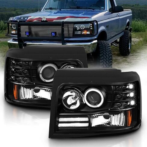 AmeriLite LED Halo Bar Projector Replacement Halogen Car Headlights Set For Ford F-150/F250/F350/Bronco - Passenger Right and Driver Left Side, Vehicle Light Assembly, Black in Kuwait